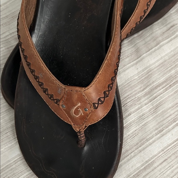 Olukai Brown Leather Flip Flops - Picture 3 of 4